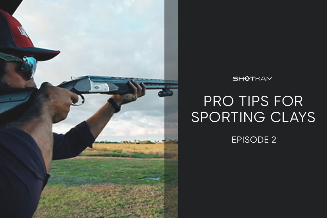 ShotKam blog thumbnail featuring a shooter aiming a shotgun with text that reads 'Pro Tips for Sporting Clays, Episode 2.' The article includes tips from world and national champions.