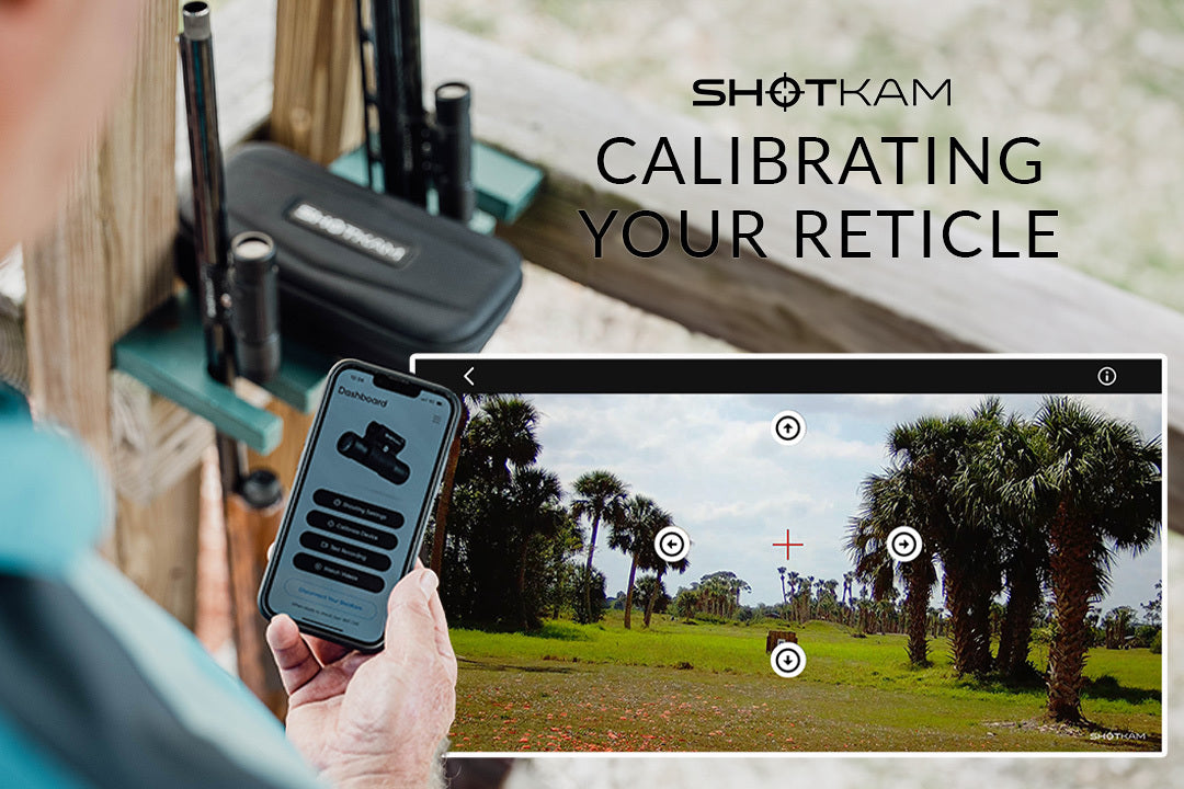 Image showing a shooter holding a phone with calibration instructions. The image also displays a ShotKam camera's view on a screen with a reticle and calibration targets, along with the text 'Calibrating Your Reticle