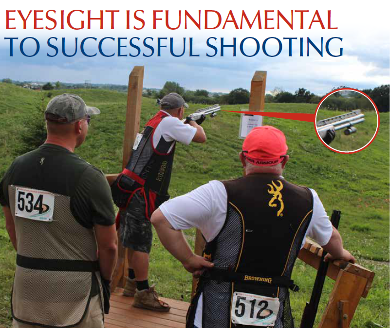 Three shooters in numbered vests stand at a shooting station, focusing on a target downrange. The text 'Eyesight is Fundamental to Successful Shooting' is prominently displayed above the image.
