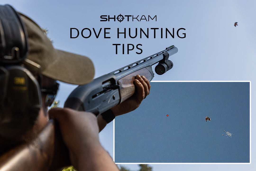 ShotKam image showing a hunter aiming a shotgun at a dove in flight, with an inset of the ShotKam reticle capturing the shot in midair.