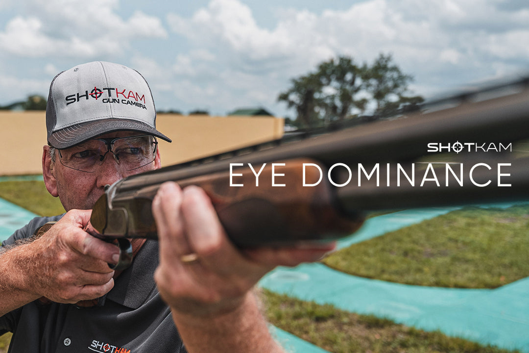 ShotKam image focused on eye dominance. A man wearing a ShotKam hat aims a shotgun, with the text 'Eye Dominance' and the ShotKam logo on the right against an outdoor background.