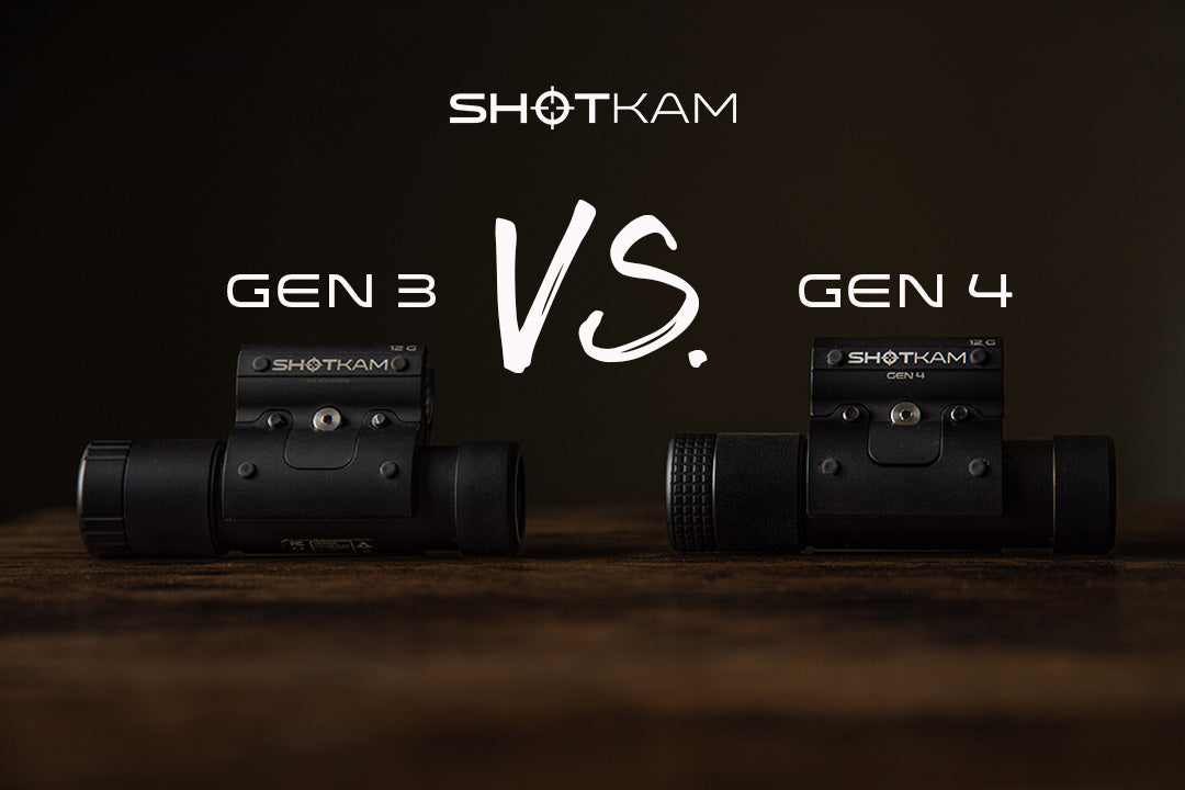 ShotKam comparison image featuring the Gen 3 on the left and Gen 4 on the right, with 'VS' text in between. The ShotKam logo is at the top, and the dark background highlights the two camera models.