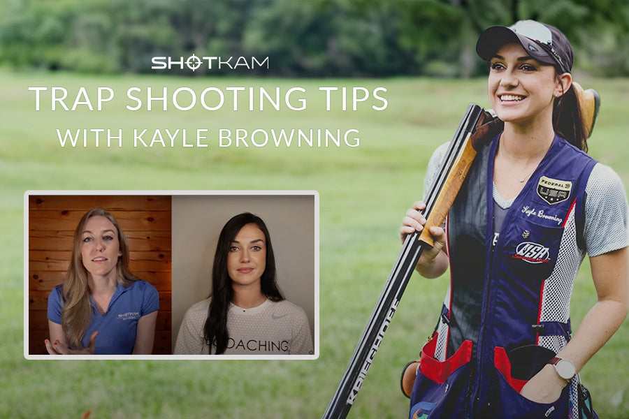 Kayle Browning, a professional trap shooter, stands confidently with her shotgun, while two women in an inset discuss trap shooting tips on the screen.
