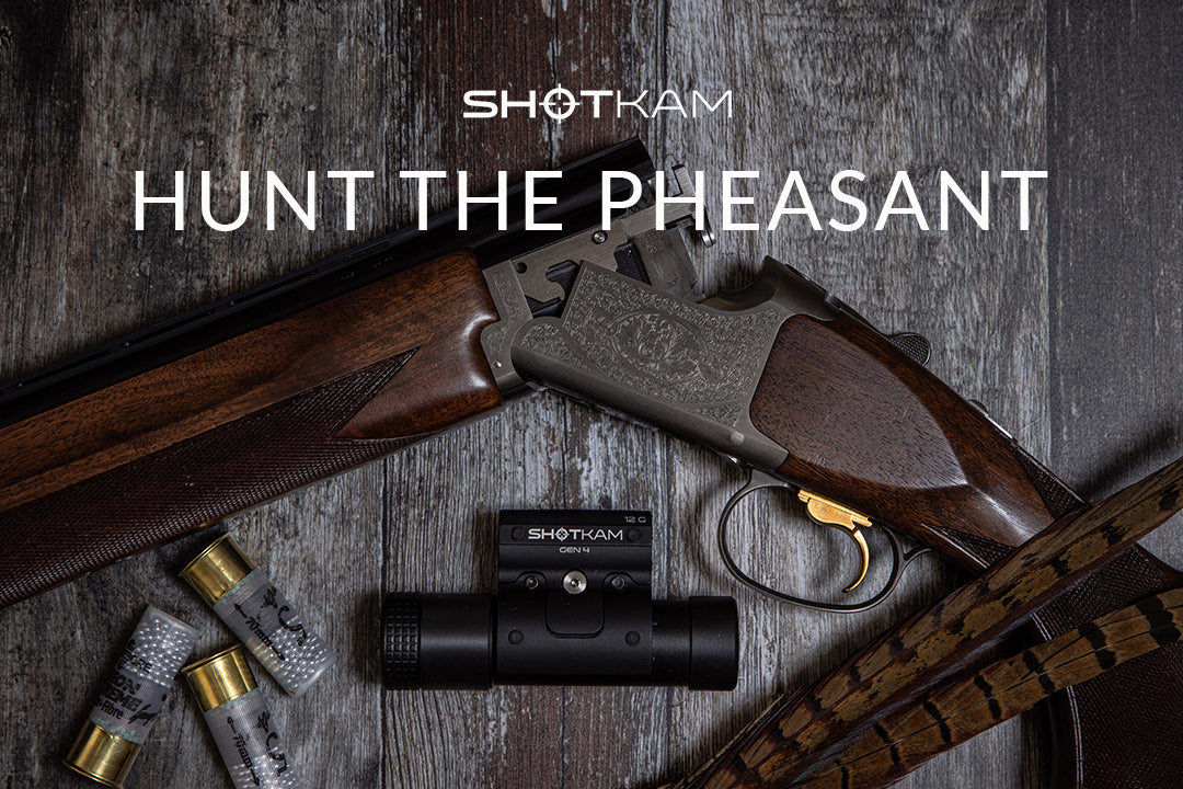 Image featuring a shotgun, ShotKam camera, shotgun shells, and pheasant feathers arranged on a wooden surface. The text reads 'Hunt the Pheasant' with the ShotKam logo above.