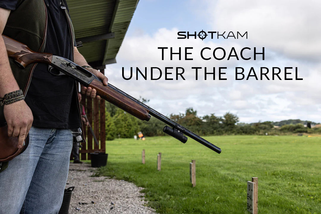 ShotKam 'The Coach Under the Barrel' thumbnail image showing a shooter holding a shotgun equipped with a ShotKam at an outdoor range, emphasizing the camera's coaching capabilities.
