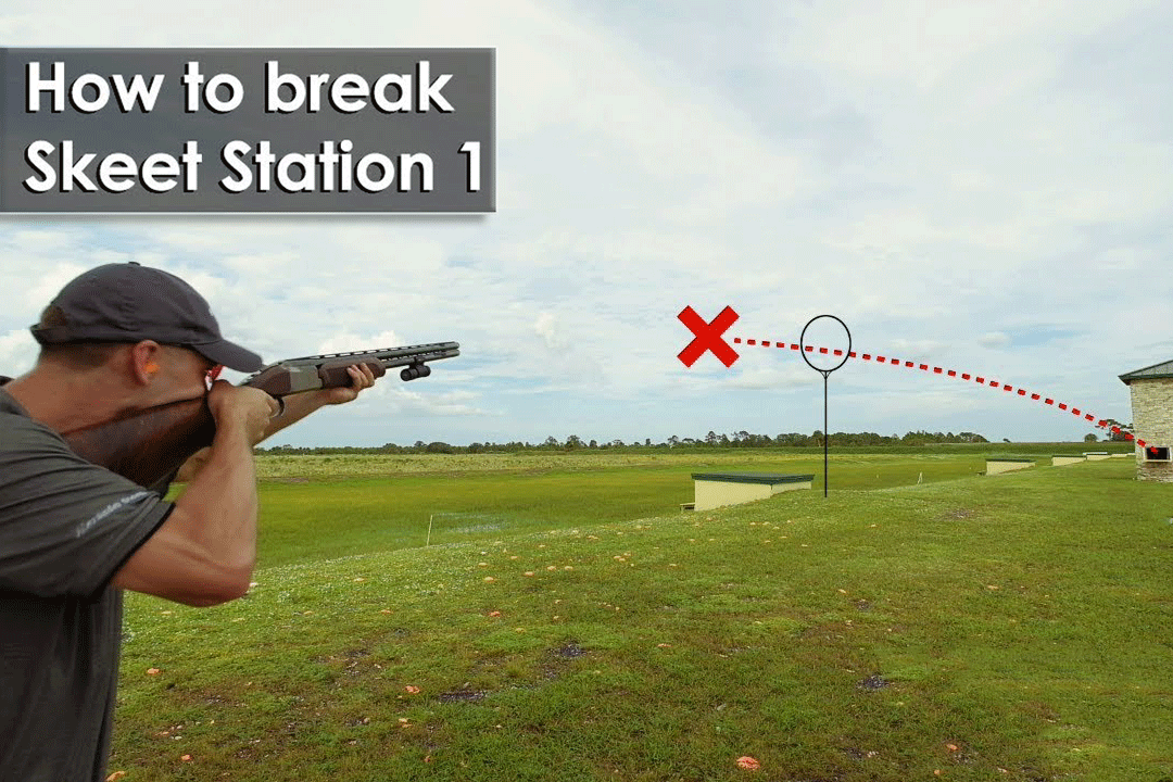 A shooter aiming a shotgun at a skeet station, with a visual trajectory marked by a dashed red line showing where to break the clay target. The text on the image reads 'How to break Skeet Station 1'.