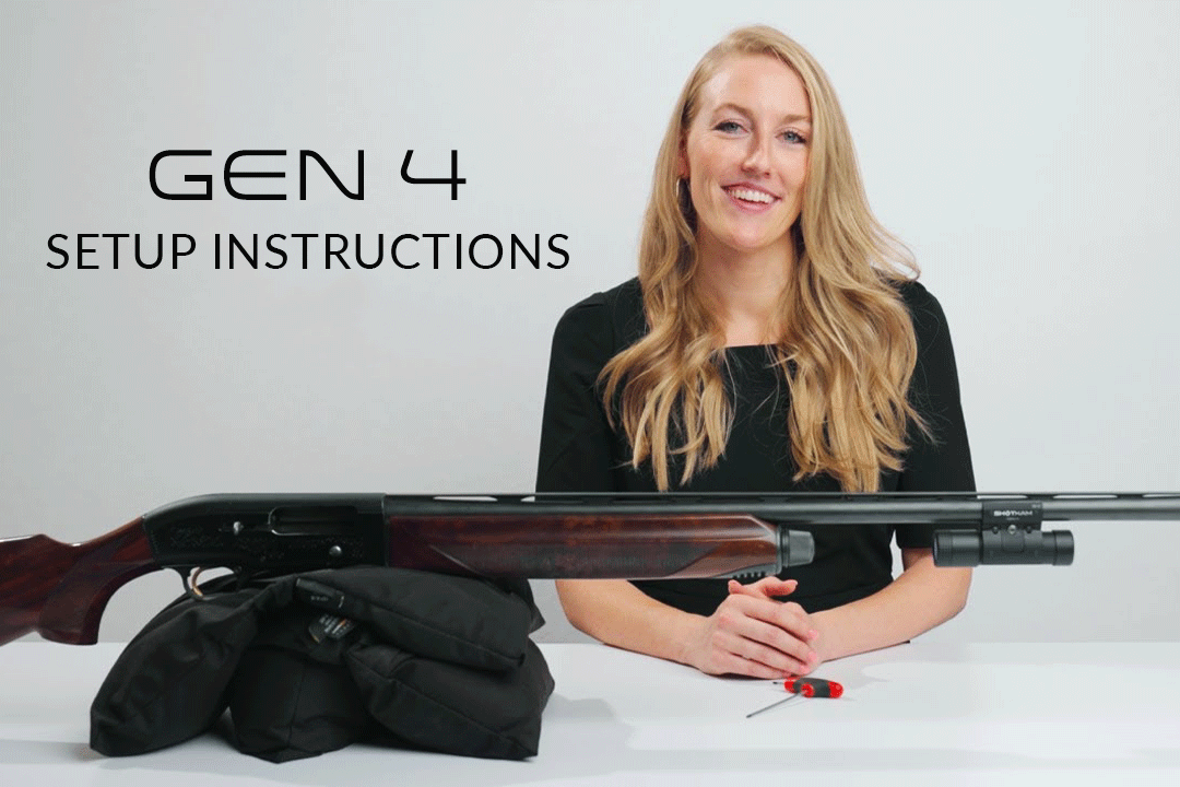 Woman smiling while seated behind a shotgun with a ShotKam attached, alongside setup tools. The text reads 'Gen 4 Setup Instructions.