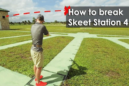 Overhead view of a shooter aiming at Skeet Station 4. A red dotted line with an 'X' indicates the target's path. Text overlay reads 'How to break Skeet Station 4.'