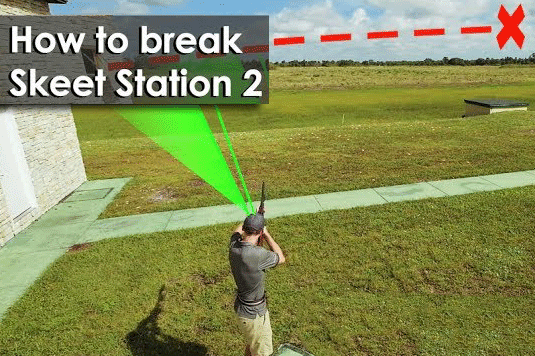 Overhead view of a shooter aiming at Skeet Station 2. Green beams represent the shooter's vision path, while a red dotted line and an 'X' mark indicate the target's trajectory. Text overlay reads 'How to break Skeet Station 2.'