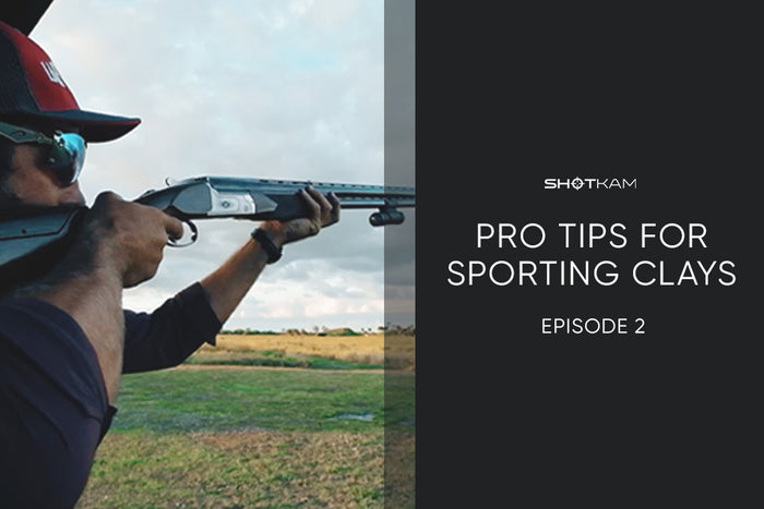 ShotKam blog thumbnail featuring a shooter aiming a shotgun with text that reads 'Pro Tips for Sporting Clays, Episode 2.' The article includes tips from world and national champions.