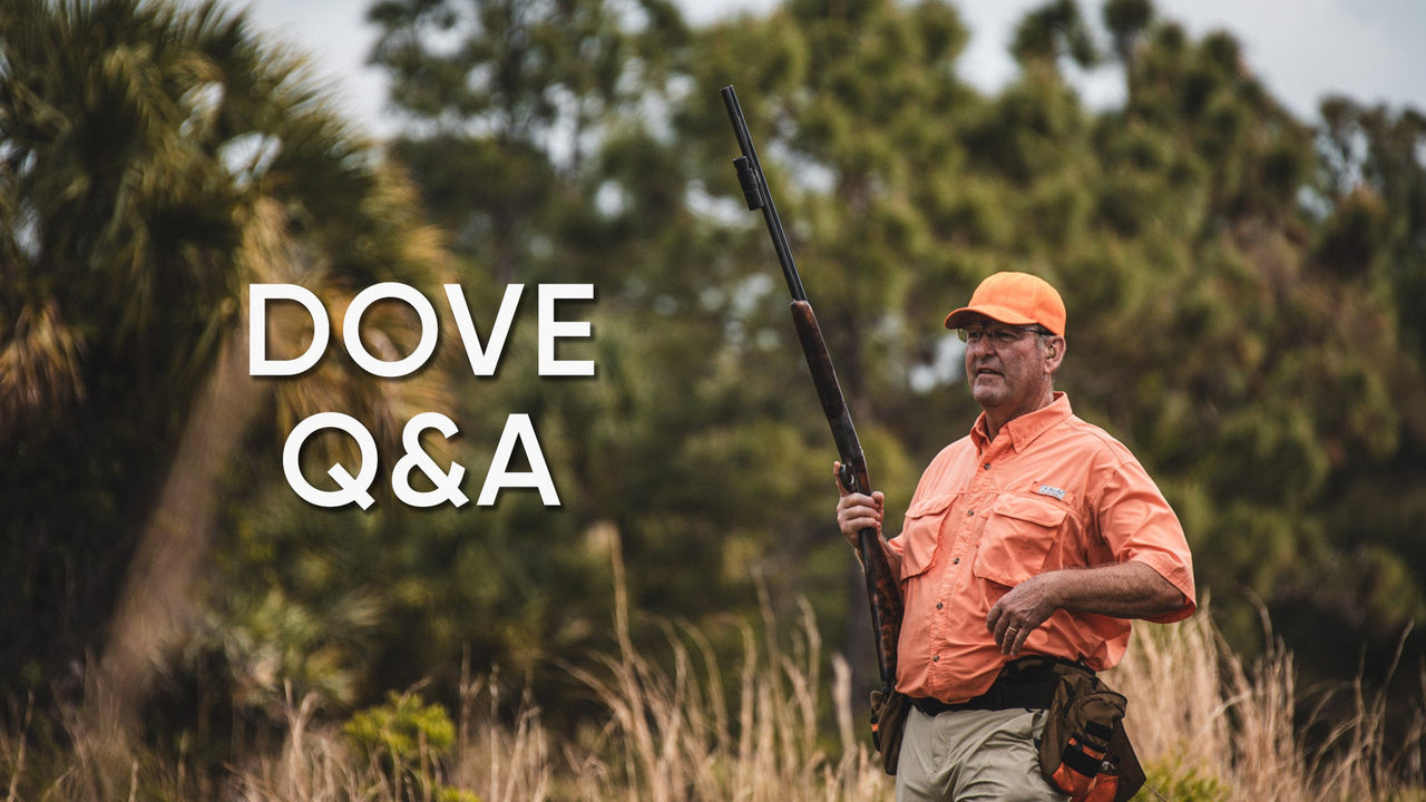 ShotKam founder David Stewart holds a shotgun outdoors beside “Dove Q&A” text.