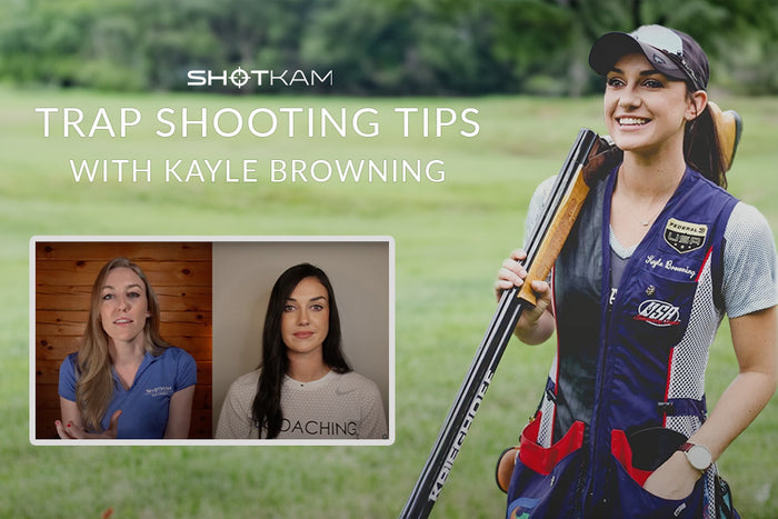Kayle Browning, a professional trap shooter, stands confidently with her shotgun, while two women in an inset discuss trap shooting tips on the screen.