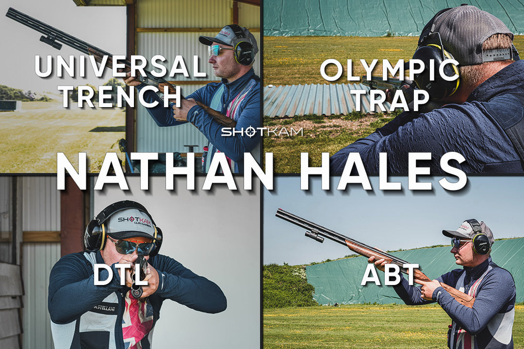 Trap shooter Nathan Hales with ShotKam, showcasing Olympic Trap, Universal Trench, ABT, and DTL disciplines