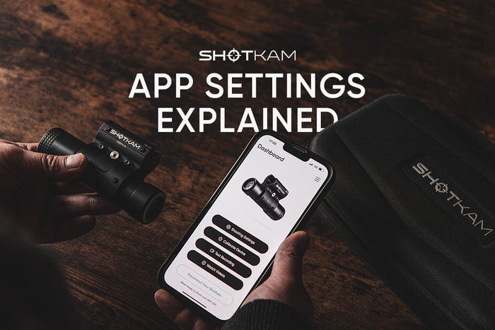 ShotKam app settings guide displayed on smartphone beside ShotKam camera and carrying case