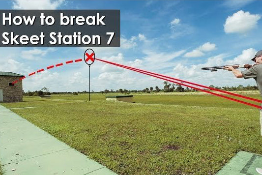 Shooter taking aim at Skeet Station 7 with red laser lines indicating the target's trajectory. A red 'X' marks the target break point in the air. Text overlay reads 'How to break Skeet Station 7.'