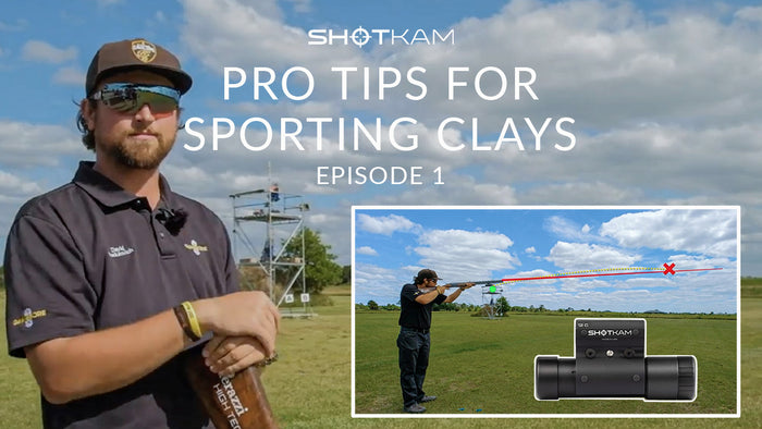 A man holding a shotgun on a sporting clays field. The text reads 'Pro Tips for Sporting Clays Episode 1.' Inset shows a shooter aiming with a ShotKam attached.