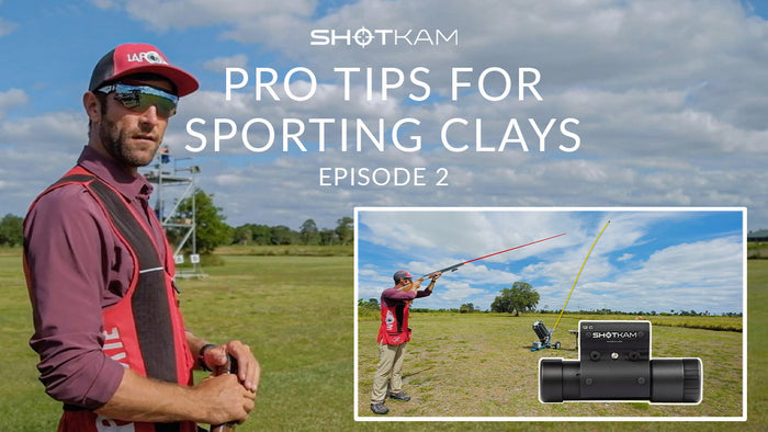 Brad Kidd standing outdoors in shooting gear with a shotgun. The image text reads, 'Pro Tips for Sporting Clays Episode 2,' with an inset showing a shooter tracking a target using a ShotKam camera.