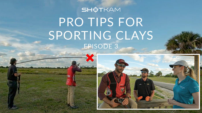 Brad Kidd demonstrates shooting techniques at the range during episode 3 of ShotKam's 'Pro Tips for Sporting Clays' series. The inset shows an interview with Brad and David Radulovich discussing strategies.