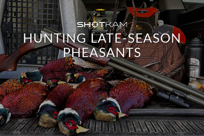 Cover photo featuring harvested pheasants laid out in the back of a vehicle alongside a shotgun and hunting gear. The text reads 'Hunting Late-Season Pheasants' with the ShotKam logo above.