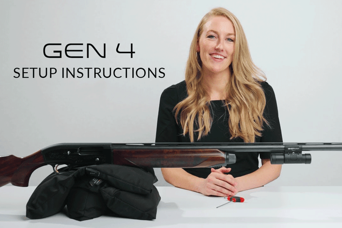 Woman smiling while seated behind a shotgun with a ShotKam attached, alongside setup tools. The text reads 'Gen 4 Setup Instructions.