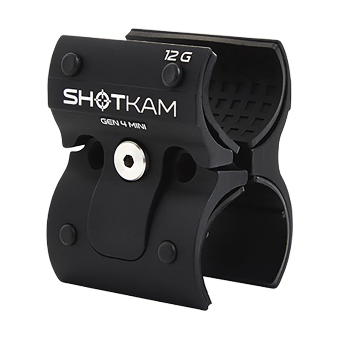 12 Gauge ShotKam Gen 4 Mini Mount – This 12 gauge mount shows how the Gen 4 Mini ShotKam mount opens and closes for easy attachment to your shotgun, ensuring stable and precise footage during shooting.