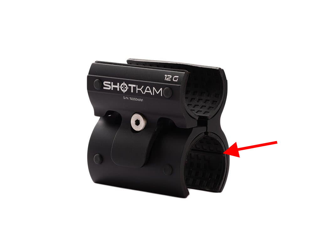 ShotKam 12 Gauge bracket mount with a red arrow pointing to the rubber pads that line the interior to prevent metal contact.