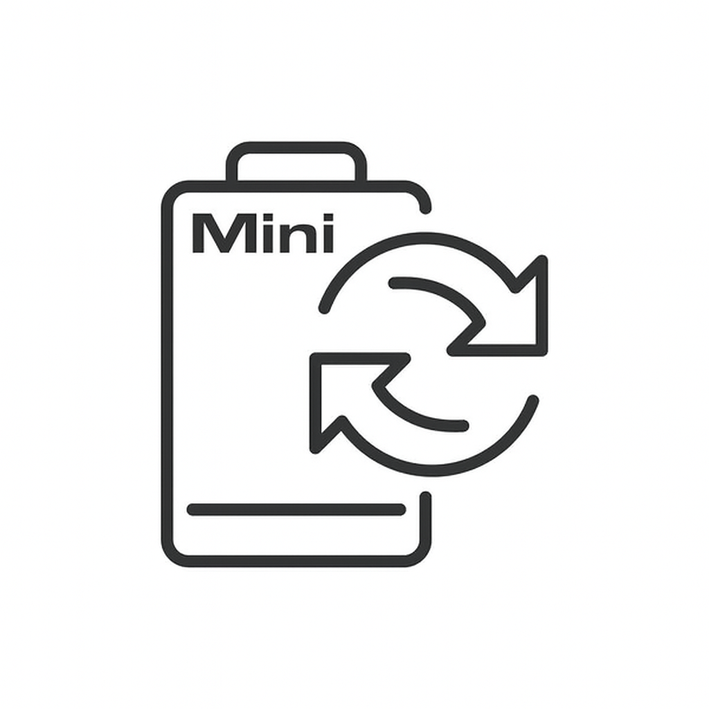 Outline of a battery labeled 'Mini' with a refresh symbol, representing replacement or power cycle.