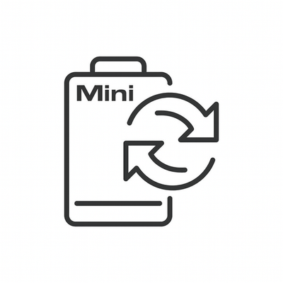Outline of a battery labeled 'Mini' with a refresh symbol, representing replacement or power cycle.