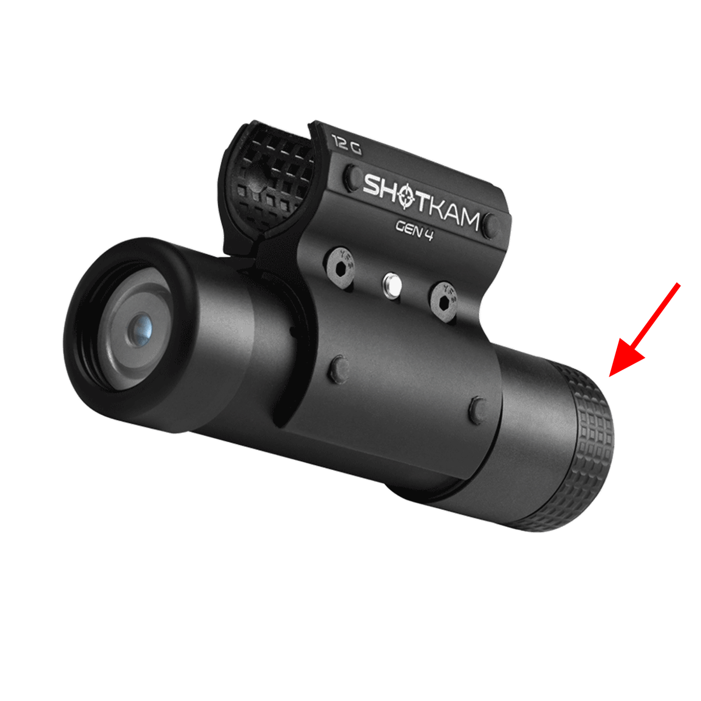 ShotKam Gen shotgun camera with an arrow pointing to the back cap that provides waterproof This hunting camera captures detailed video footage of shooting making it ideal for hunting and competitive Featuring aluminum easy and the ShotKam Gen ensures and recording for hunters and shooting