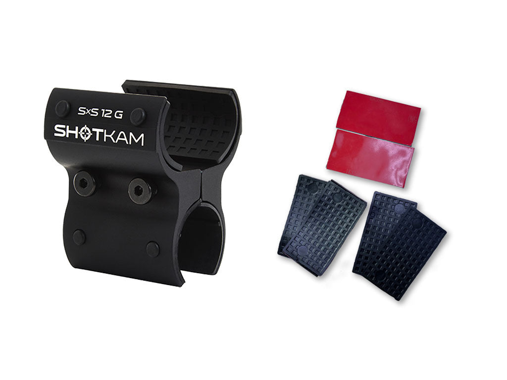 ShotKam Mini 12 Gauge Side-by-Side Mount Kit shown with extra rubber pads and red adhesive strips for secure, scratch-free shotgun mounting.