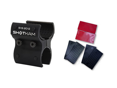 ShotKam Mini 20 Gauge Side-by-Side Mount Kit with additional rubber pads and adhesives, designed for a secure and barrel-safe mount on SxS shotguns.