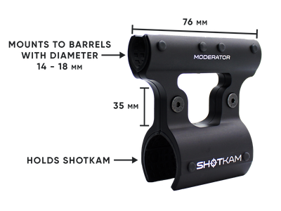 ShotKam Moderator Mount for ShotKam Gen 4 gun camera, designed to fit gun barrels with a diameter of 14-18 mm. This durable and sleek mount securely holds the camera, ensuring stable recording of shooting sports, hunting, and clay shooting. Perfect for users seeking to understand how the mount works and if it will fit their gun barrel, enhancing shooting accuracy and performance through detailed video analysis and training.