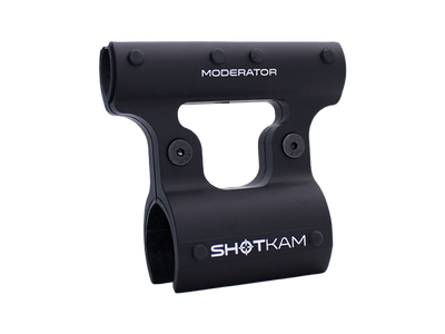 ShotKam Moderator Mount for ShotKam Gen 4 gun camera, featuring a durable and sleek design. This secure camera mount attaches to firearms, ideal for recording shooting sports, hunting, and clay shooting. An essential accessory for improving shooting accuracy and performance through detailed video analysis and training.