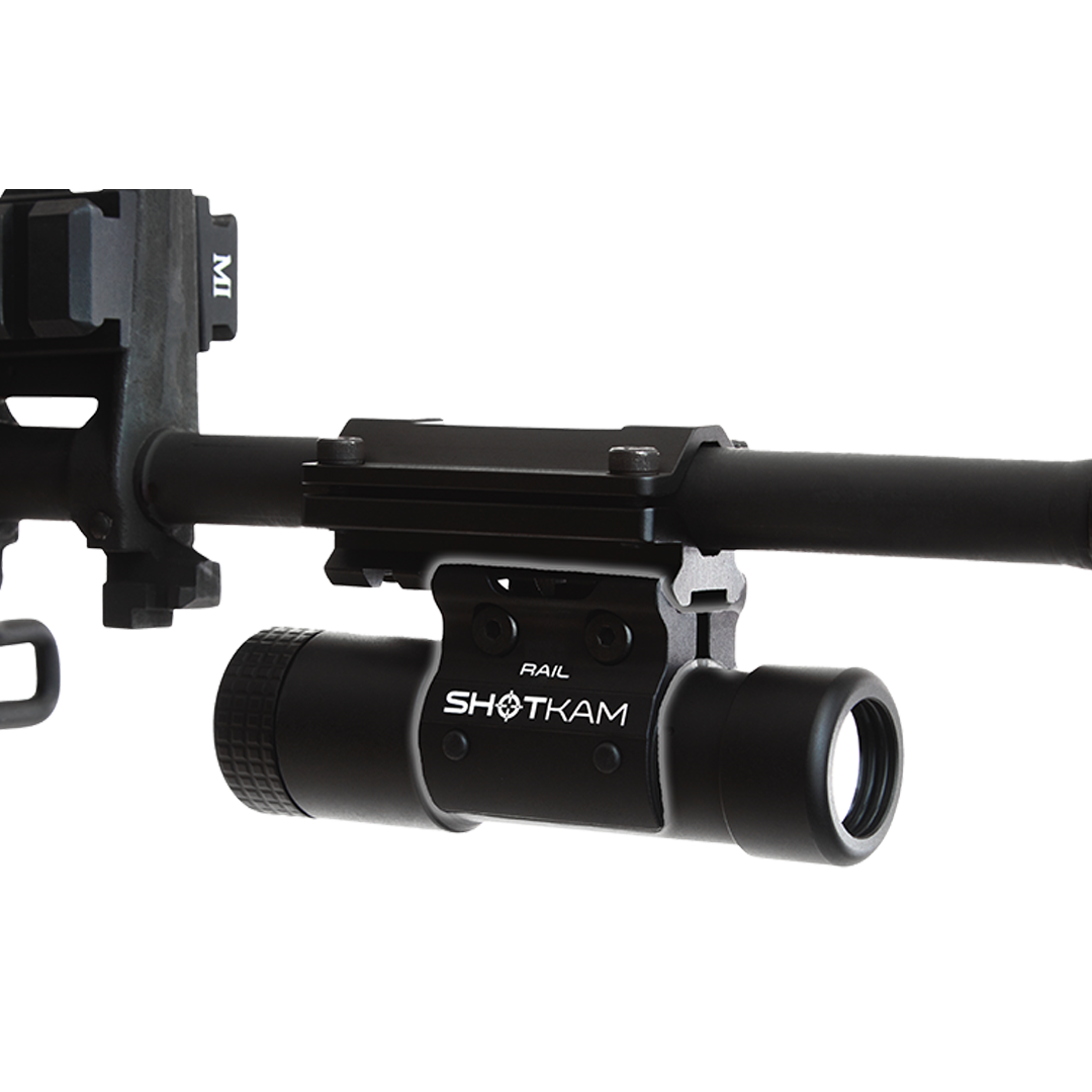 ShotKam Rail Mini Mount attached to a rifle with Picatinny rail system – Securely holds the Gen 4 Mini ShotKam for stable, high-quality footage during shooting sessions.