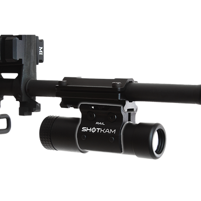 ShotKam Rail Mini Mount attached to a rifle with Picatinny rail system – Securely holds the Gen 4 Mini ShotKam for stable, high-quality footage during shooting sessions.