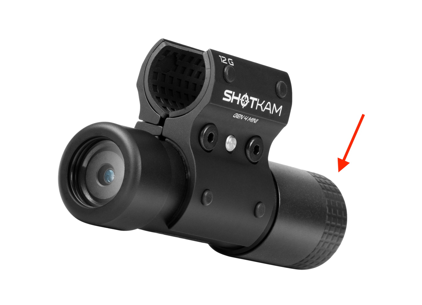 ShotKam Gen Mini shotgun camera with an arrow pointing to the back This advanced hunting camera features waterproof protection for capturing detailed video footage of shooting Ideal for hunting and competitive the ShotKam Gen Mini offers aluminum easy and ensuring and recording for hunters and shooting