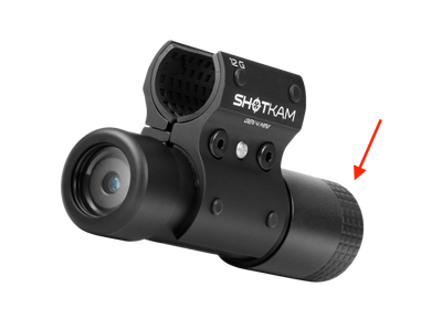ShotKam Gen Mini shotgun camera with an arrow pointing to the back This advanced hunting camera features waterproof protection for capturing detailed video footage of shooting Ideal for hunting and competitive the ShotKam Gen Mini offers aluminum easy and ensuring and recording for hunters and shooting