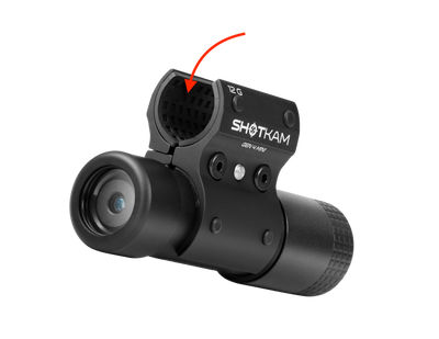 ShotKam gauge camera mount with an arrow pointing to the interior rubber ensuring no contact to protect your barrel from This patented design provides shock securely attaching the ShotKam camera to Ideal for competitive shooting and hunting this reliable mount offers easy and precision for hunters and shooting