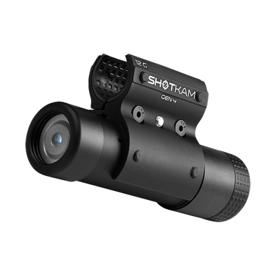 ShotKam Gen 4 close-up image, highlighting its durable aluminum body, high-definition lens, and 12-gauge mounting bracket. Engineered for shotgun hunters and sport shooters, this advanced camera captures detailed shooting footage with precision and reliability.