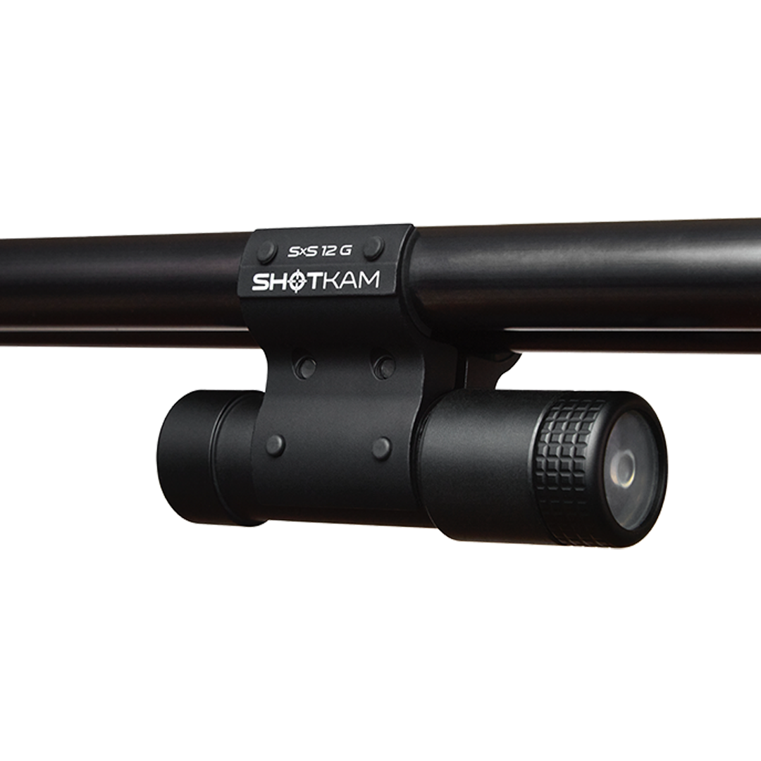 SxS 12 Gauge ShotKam Mount on a side-by-side shotgun – Demonstrates how the Gen 4 Mini ShotKam is securely mounted to a side-by-side 12 gauge shotgun for stable video capture during shooting.