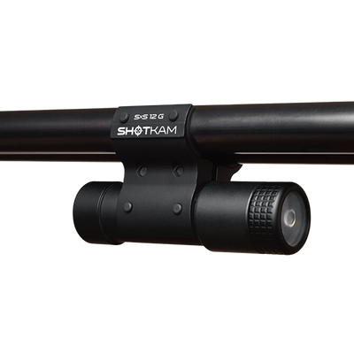 SxS 12 Gauge ShotKam Mount on a side-by-side shotgun – Demonstrates how the Gen 4 Mini ShotKam is securely mounted to a side-by-side 12 gauge shotgun for stable video capture during shooting.