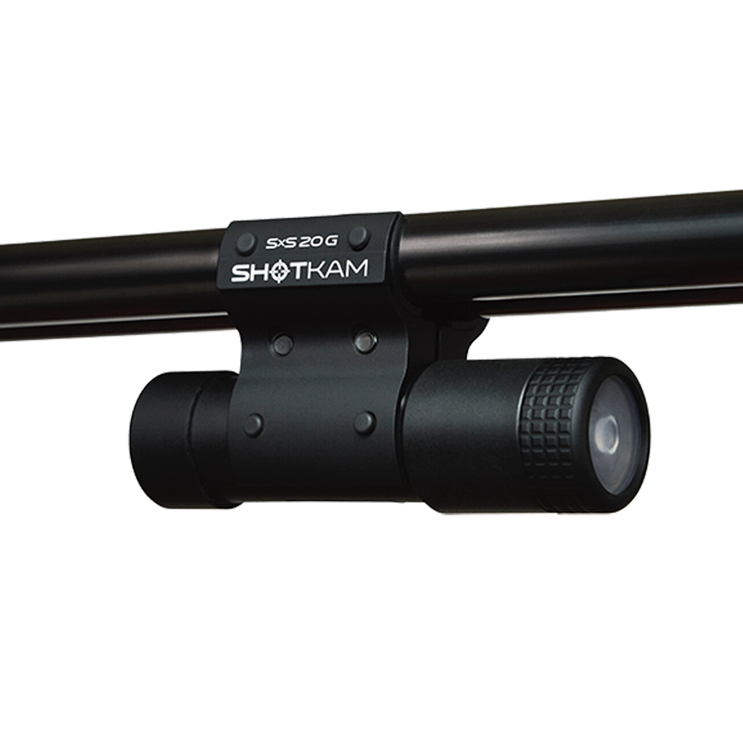 SxS 20 Gauge ShotKam Mount attached to a side-by-side shotgun – Securely holds the Gen 4 Mini ShotKam to a 20 gauge side-by-side shotgun for stable and accurate video recording.