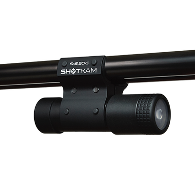 SxS 20 Gauge ShotKam Mount attached to a side-by-side shotgun – Securely holds the Gen 4 Mini ShotKam to a 20 gauge side-by-side shotgun for stable and accurate video recording.