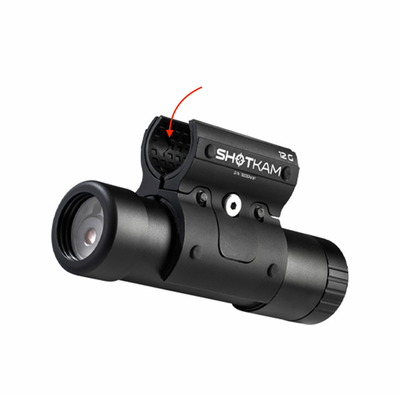 ShotKam camera mount with an arrow pointing to the interior rubber ensuring no contact to protect your barrel from This patented design provides shock securely attaching the ShotKam camera to Ideal for competitive shooting and hunting this reliable mount offers easy and precision for hunters and shooting